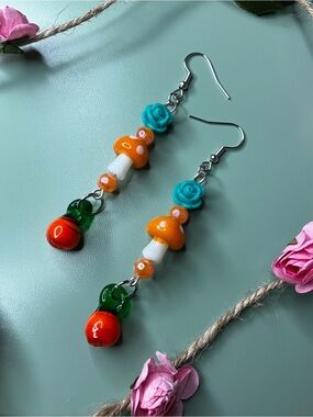 Teal Rose & Orange Mushroom Cottagecore Garden Handmade Drop Earrings